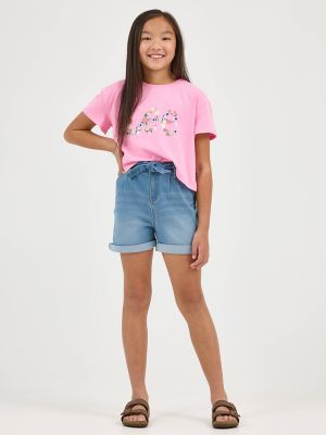Girl's Belted Pleated Denim Short
