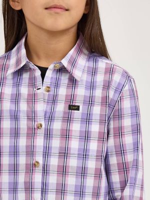 Girl's Plaid Button Down Shirt in Lavender alternative view 2