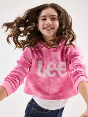 Girl's Tie Dye Crop Logo Hoodie in Begonia Pink alternative view 4