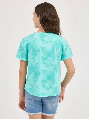 Girl's Short Sleeve Tie Dye French Terry Crop Sweatshirt in Aruba Blue