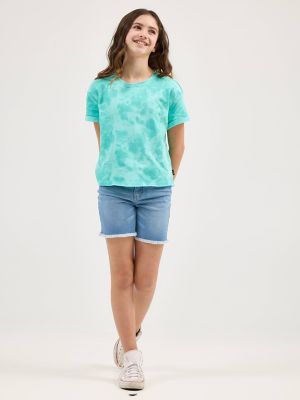 Girl's Short Sleeve Tie Dye French Terry Crop Sweatshirt in Aruba Blue
