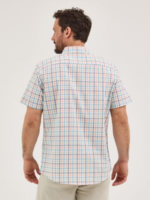 Men's Short Sleeve Thin Line Plaid Button Down Shirt in White alternative view