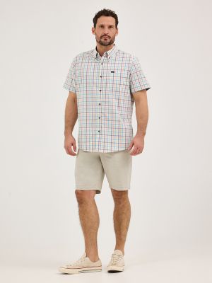 Men's Short Sleeve Thin Line Plaid Button Down Shirt in White alternative view 3
