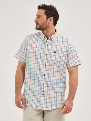 Men's Short Sleeve Thin Line Plaid Button Down Shirt