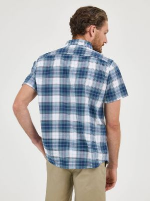 Men's One Pocket Plaid Button Down Shirt in Blue Denim Ibiza alternative view