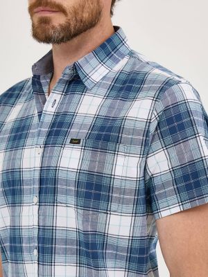 Men's One Pocket Plaid Button Down Shirt in Blue Denim Ibiza alternative view 2