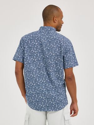 Men's Short Sleeve Textured Print Button Down Shirt in Blue Denim Floral alternative view