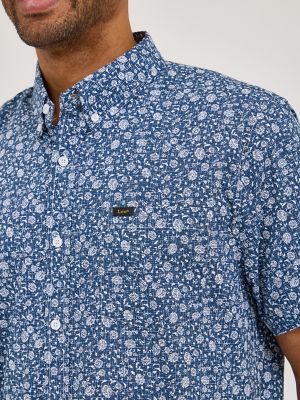 Men's Short Sleeve Textured Print Button Down Shirt in Blue Denim Floral alternative view 2