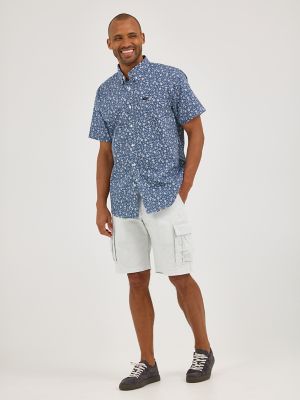 Men's Short Sleeve Textured Print Button Down Shirt in Blue Denim Floral alternative view 3