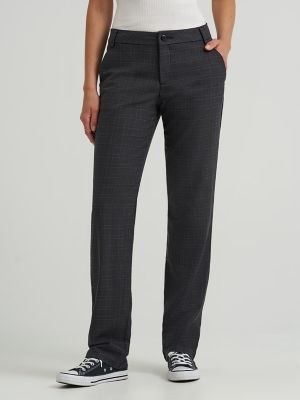 Women's Wrinkle Free Relaxed Fit Straight Leg Pant in Black Gray Plaid