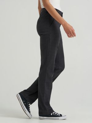 Women's Wrinkle Free Relaxed Fit Straight Leg Pant in Black Gray Plaid