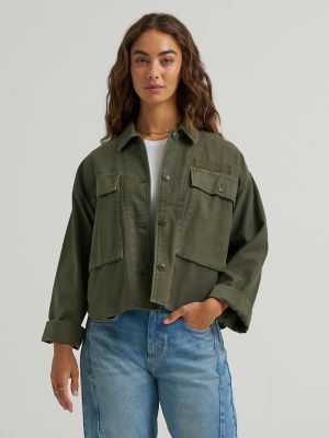 Women's Oversized Double Pocket Utility Overshirt in Oak Moss main view
