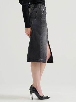 Women's High Rise Zip Front Denim Midi Skirt