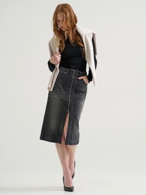 Women's High Rise Zip Front Denim Midi Skirt