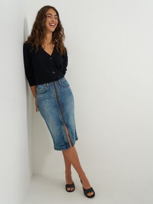 Women's High Rise Zip Front Denim Midi Skirt in Indigo Cast alternative view