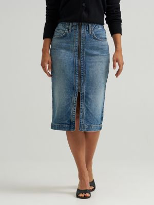 Women's High Rise Zip Front Denim Midi Skirt in Indigo Cast alternative view 2