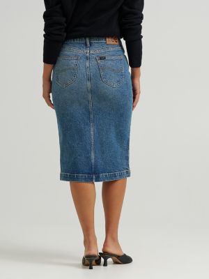 Women's High Rise Zip Front Denim Midi Skirt in Indigo Cast alternative view 3