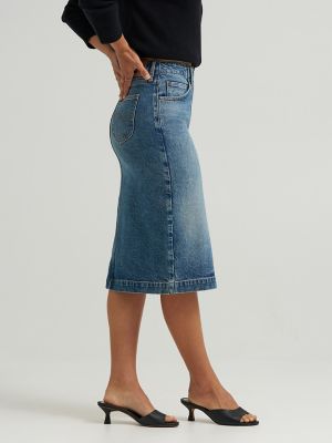 Women's High Rise Zip Front Denim Midi Skirt in Indigo Cast alternative view 4
