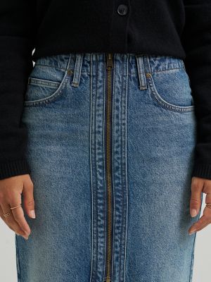 Women's High Rise Zip Front Denim Midi Skirt in Indigo Cast alternative view 6