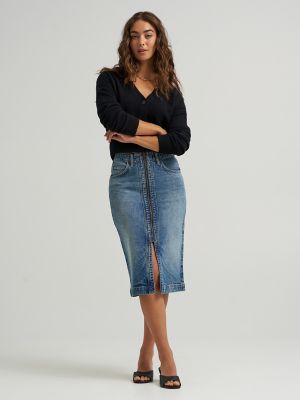 Women's High Rise Zip Front Denim Midi Skirt