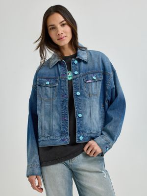 Women's Lee® x Ruohan Wang Relaxed Floral Denim Rider™ Jacket in Mid Dark Shade