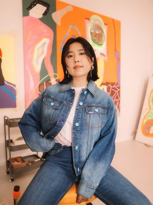 Women's Lee® x Ruohan Wang Relaxed Floral Denim Rider™ Jacket in Mid Dark Shade