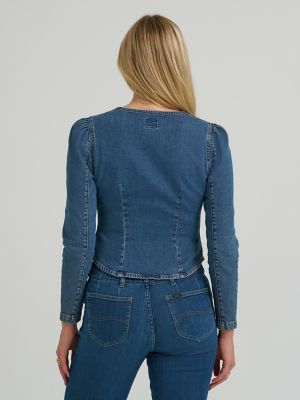 Women's Square Neck Denim Button Down Shirt in Blue Flash alternative view 2