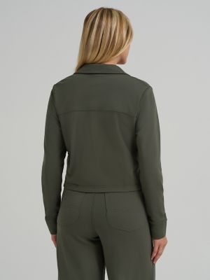 Women's All Purpose Solid Knit Button Down Shirt in Olive Gray