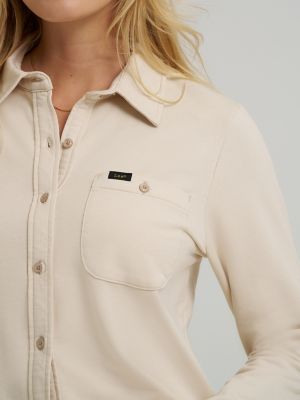 Women's All Purpose Solid Knit Button Down Shirt in Soybean
