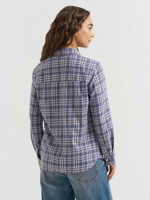 Women's All Purpose Print Button Down Shirt in Blue Plaid