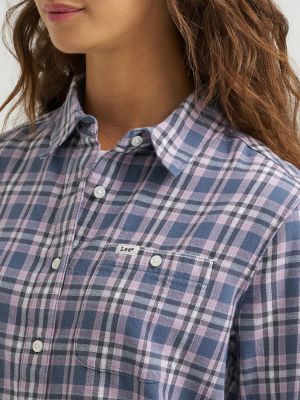 Women's All Purpose Print Button Down Shirt in Blue Plaid