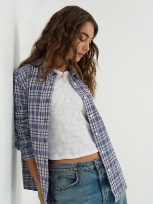 Women's All Purpose Print Button Down Shirt in Blue Plaid