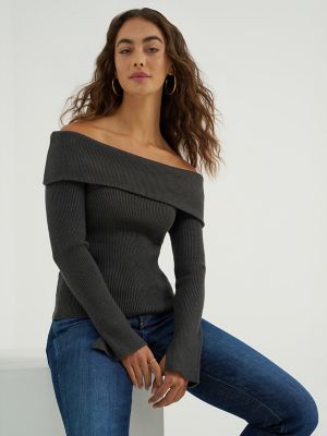 Women's Off The Shoulder Ribbed Sweater in Charcoal Heather alternative view 4