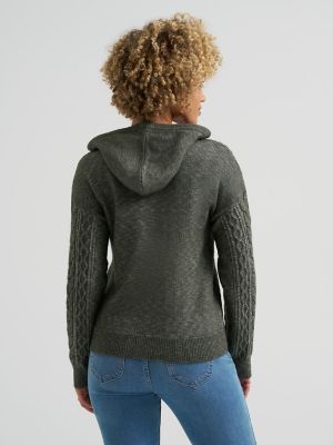 Women's Cable Knit Hooded Sweater in Olive Grey