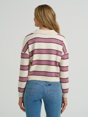 Women's V-Neck Stripe Sweater in Oatmeal Heather