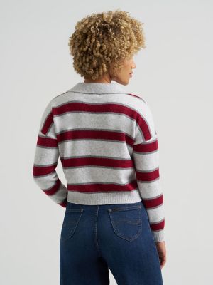 Women's V-Neck Stripe Sweater in Grey/Red alternative view