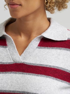 Women's V-Neck Stripe Sweater in Grey/Red alternative view 2