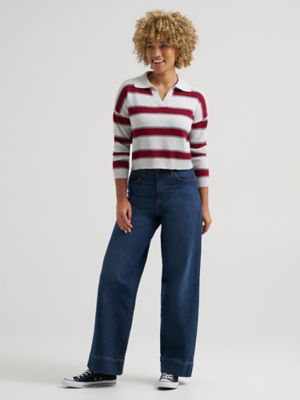 Women's V-Neck Stripe Sweater in Grey/Red alternative view 3