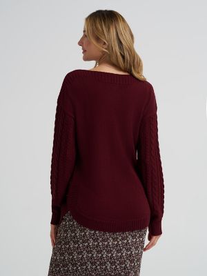 Women's Curved Hem Cable Knit Sweater in Burgundy Wine alternative view