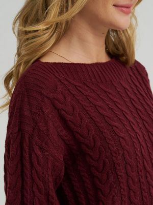 Women's Curved Hem Cable Knit Sweater in Burgundy Wine alternative view 2