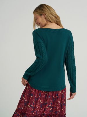 Women's Curved Hem Cable Knit Sweater in Teal Brigade alternative view