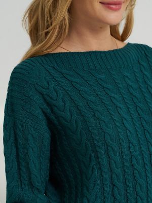Women's Curved Hem Cable Knit Sweater in Teal Brigade alternative view 2