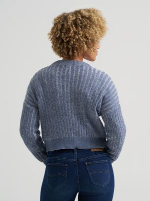 Women's V-Neck Plaited Sweater in Vintage Blue
