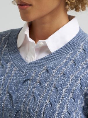 Women's V-Neck Plaited Sweater in Vintage Blue