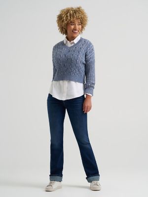 Women's V-Neck Plaited Sweater in Vintage Blue