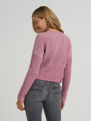 Women's V-Neck Plaited Sweater in Plumberry