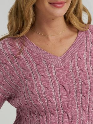 Women's V-Neck Plaited Sweater in Plumberry