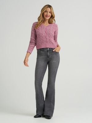 Women's V-Neck Plaited Sweater in Plumberry