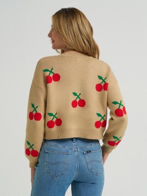 Women's Cherry Print All Over Crop Sweater in Straw alternative view
