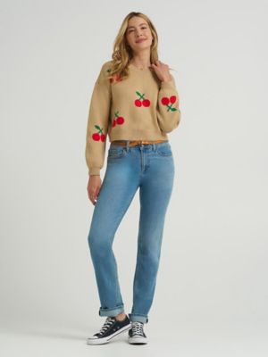 Women's Cherry Print All Over Crop Sweater in Straw alternative view 3